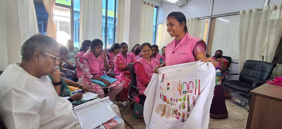 Learner showcasing Aari embroidery work
